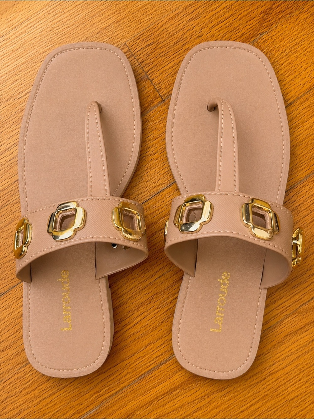Larroude Nude Thong Flat Sandals Gold Hardware Rubber Style Size 37 US 6/7